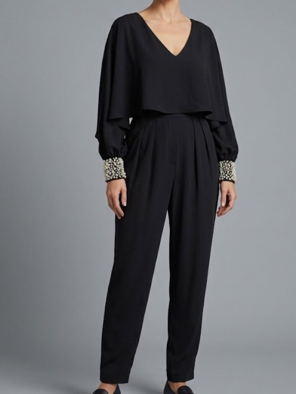 Belle by Badgley Mischka Elegant NEW Pearl Cuffed Cape Cocktail Jumpsuit sz 12